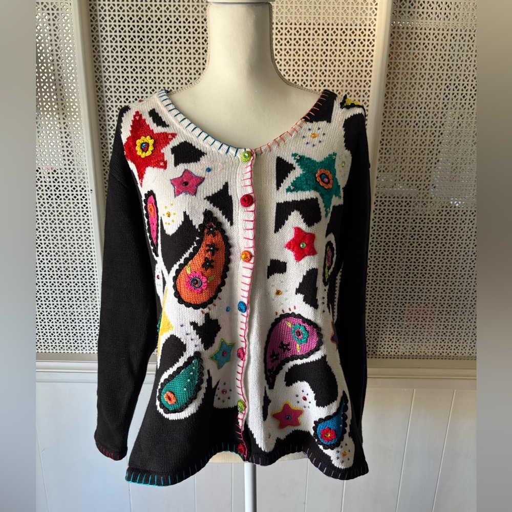 Women’s Storybook Knits Multicolor Paisley Abstract Button Down Sweater